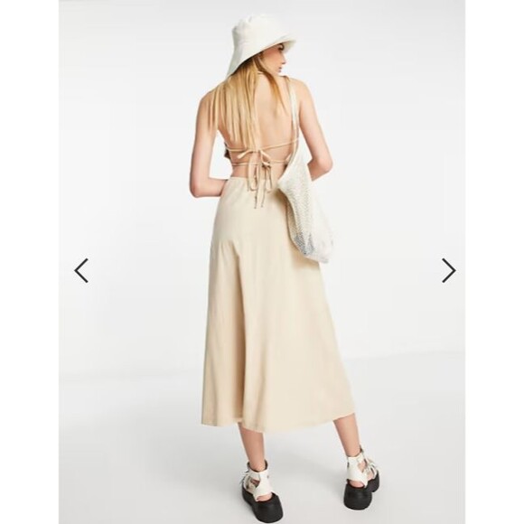Asos Design Halter Midi Dress Open Back Size 8 Tan Strappy Tie Back Cut Out New - Picture 5 of 12